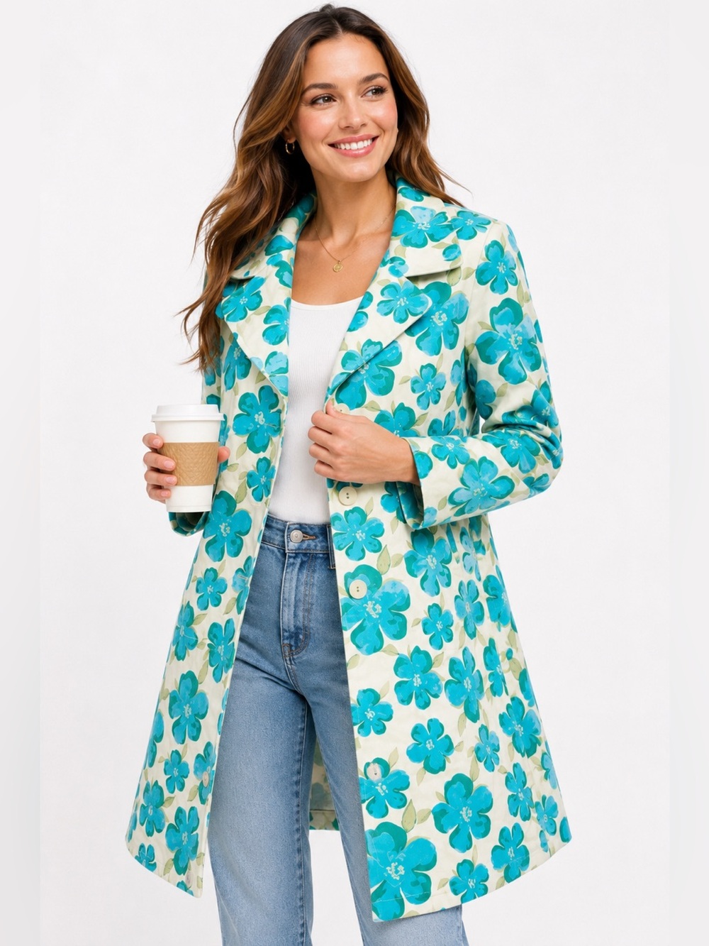 Vintage 80s Turquoise Floral Swing Coat Mod Statement Jacket Retro Size M